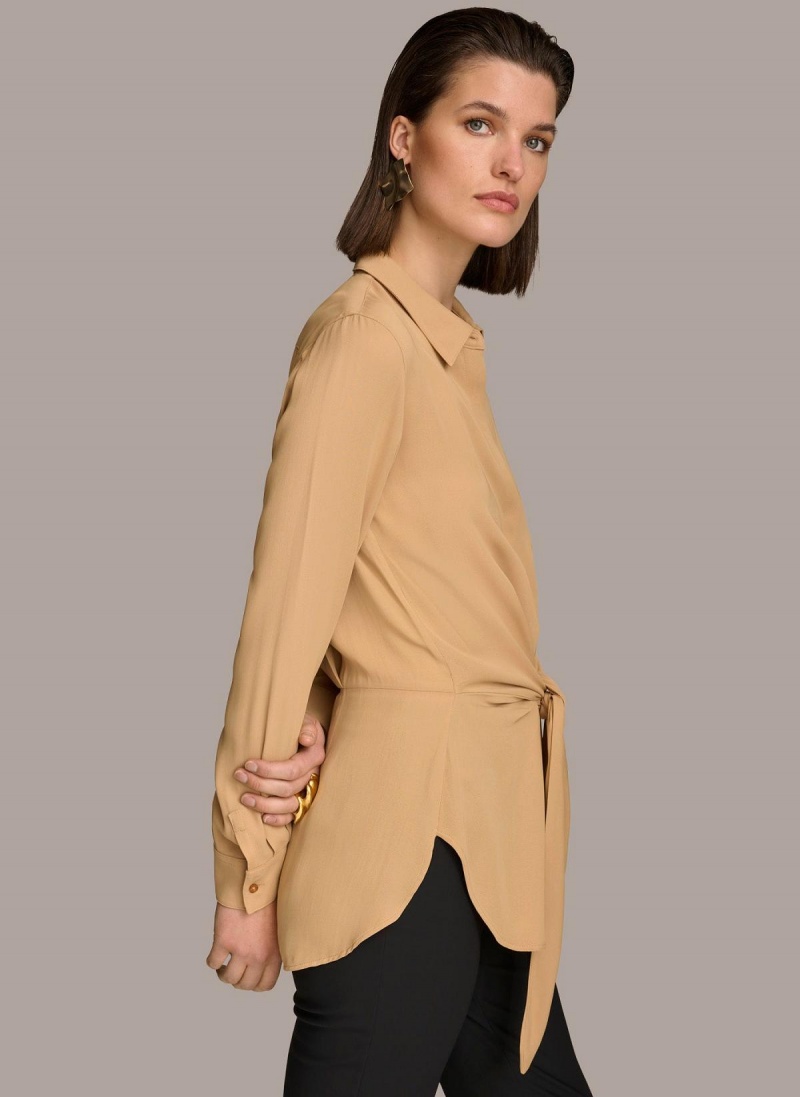 Gold Donna Karan Long Sleeve High-low With Tie At Waist Sweaters and Tops | PH_DK42377