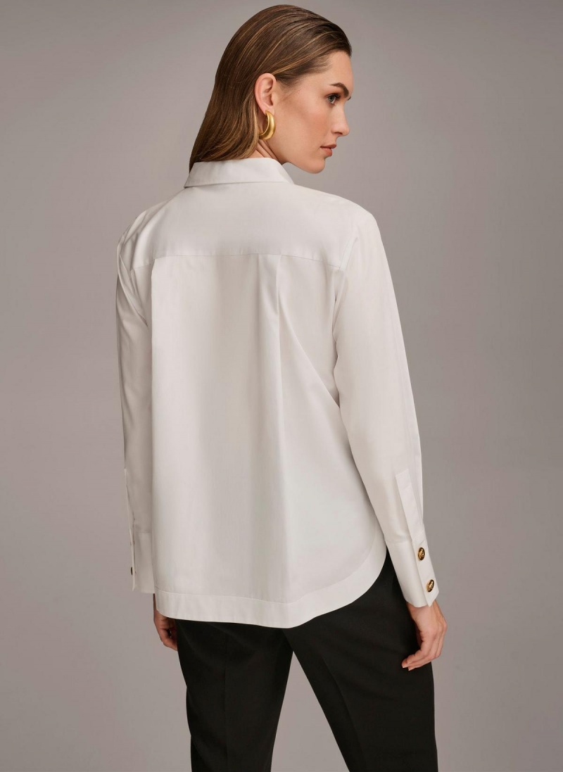 White Donna Karan Cotton Collared Button Down Sweaters and Tops | PH_DK13671