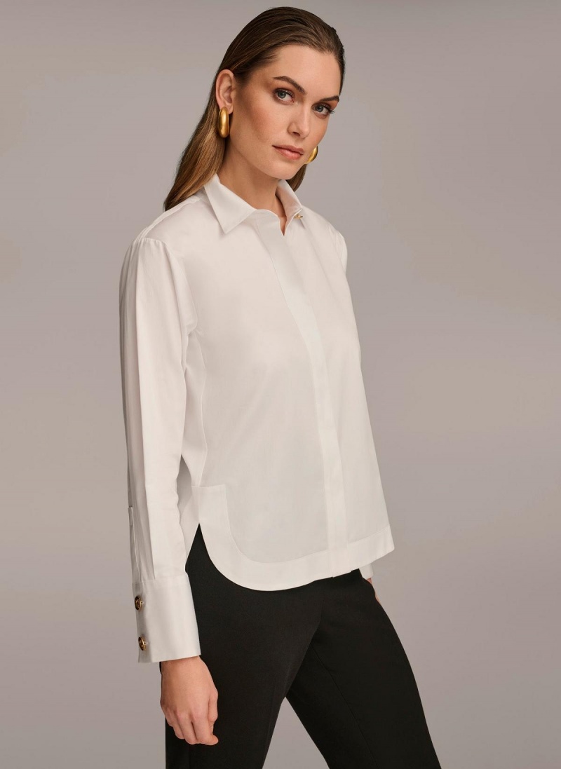 White Donna Karan Cotton Collared Button Down Sweaters and Tops | PH_DK13671