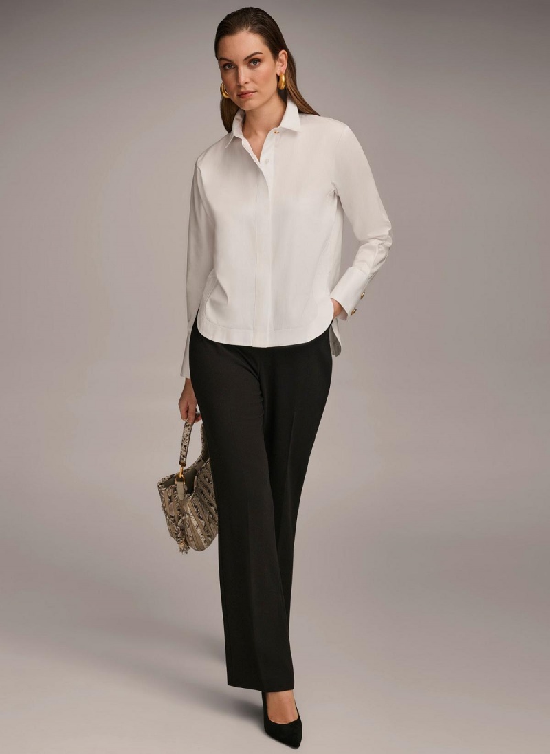 White Donna Karan Cotton Collared Button Down Sweaters and Tops | PH_DK13671