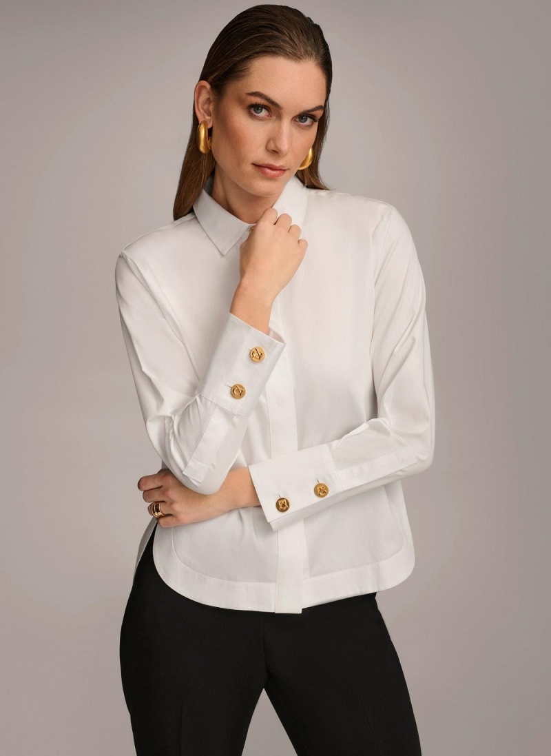 White Donna Karan Cotton Collared Button Down Sweaters and Tops | PH_DK13671