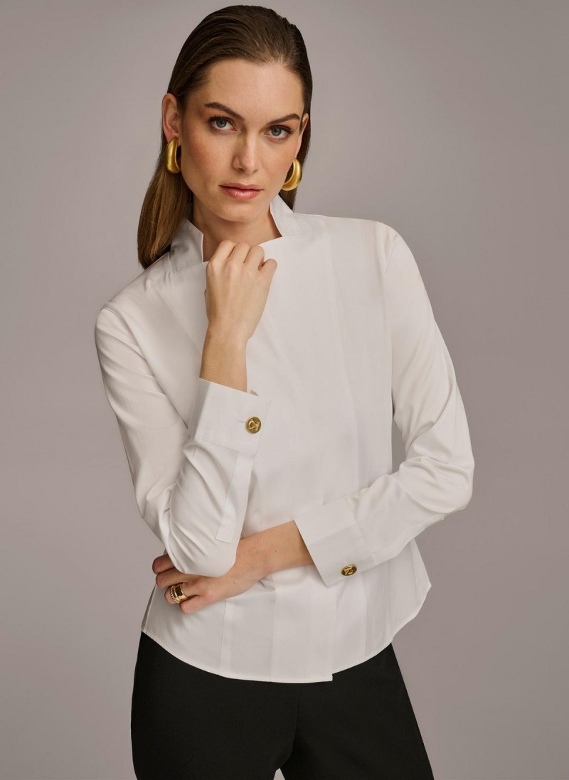 White Donna Karan Cotton Notch Collar Button Down Sweaters and Tops | PH_DK44979