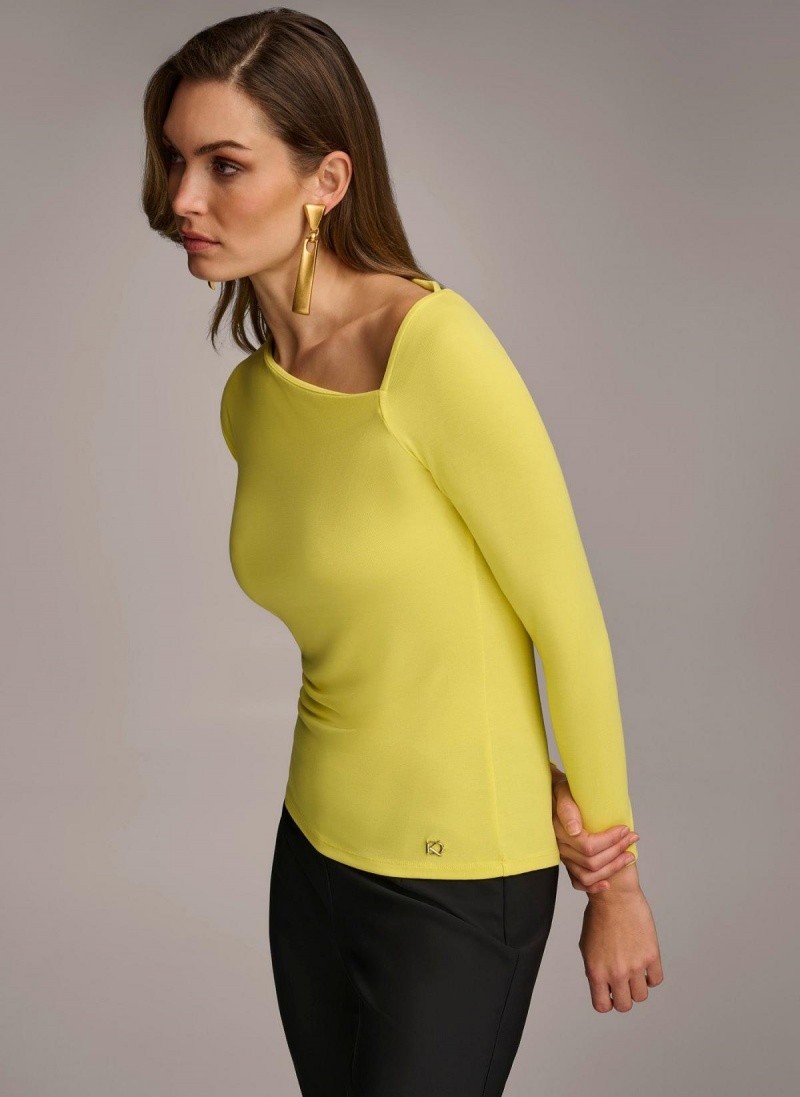 Yellow Donna Karan Asymmetrical Neckline Fitted Sweaters and Tops | PH_DK77460